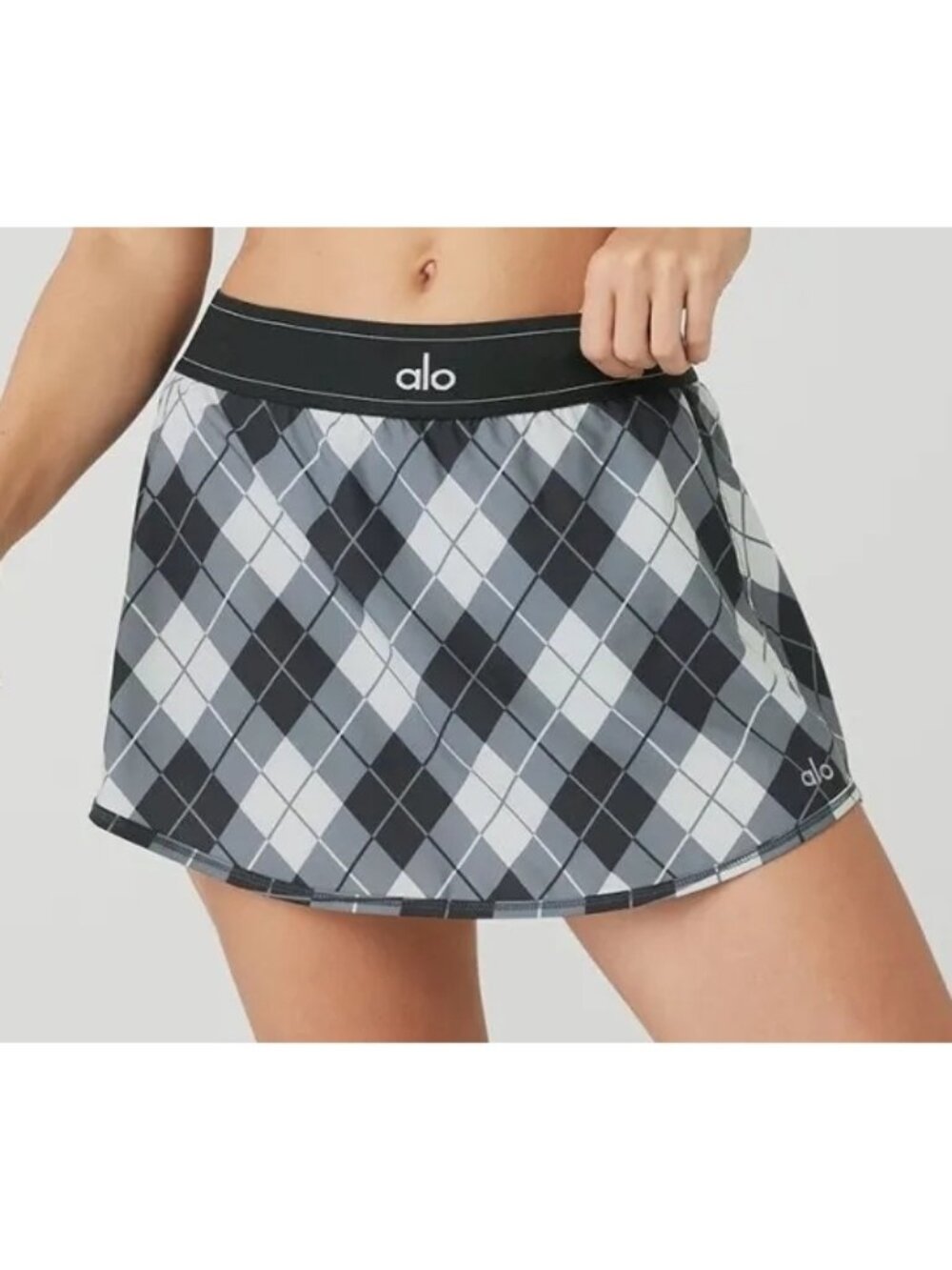 Alo Argyle Match Point Tennis Skirt Black Anthracite Plaid Sports Shorts Skort